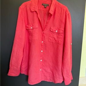 Tommy Bahama Women's Bright Coral Button Down Shirt - Large 100% Linen